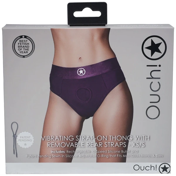 Ouch! Vibrating Purple Strap-on Strappy Thong in XS/S