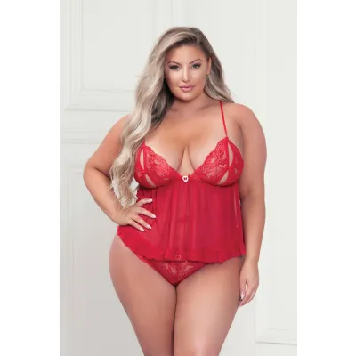 Two Piece Lace and Mesh Camidoll Set Queen Size Red
