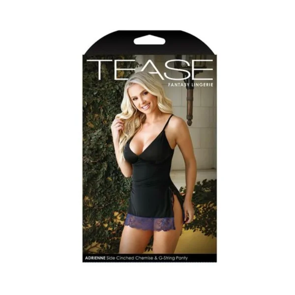 Tease Adrienne Side-cinched Microfiber Chemise With Floral Lace Trim & G-string Panty Black S/m