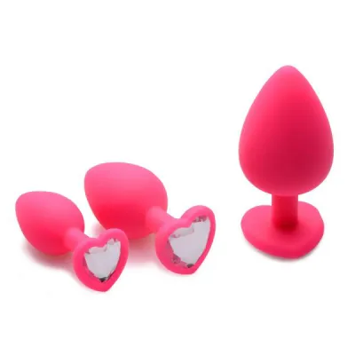 Pink Hearts 3 Piece Silicone Anal Plugs with Gems
