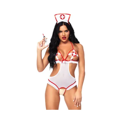 2pc Naughty Nurse Includes Crotchless Teddy With Peek a boo Cups And Matching Headband O s Wh rd