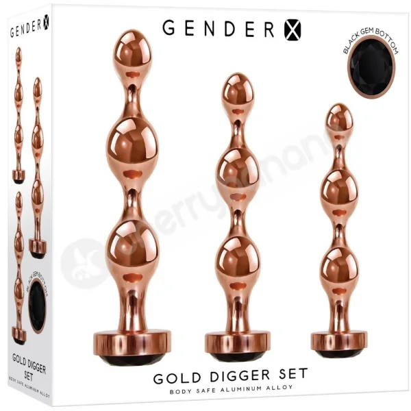 Gender X Gold Digger Set 3 Sizes Rose Gold Metal Butt Plugs With Black Gem Base