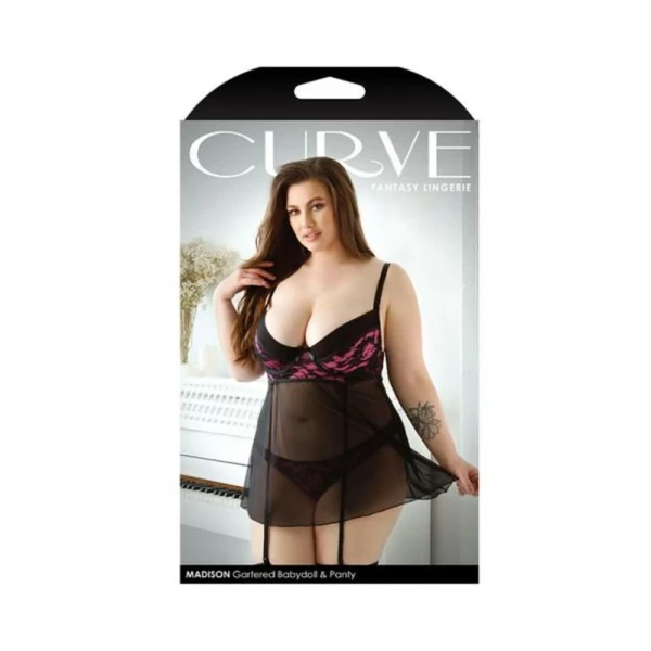 Fantasy Lingerie Curve Madison Gartered Lace And Mesh Babydoll With Underwire Cups & Matching Panty
