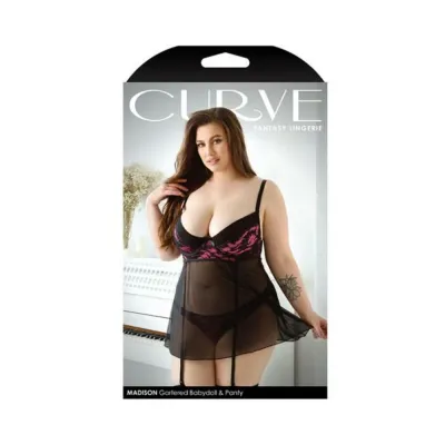 Fantasy Lingerie Curve Madison Gartered Lace And Mesh Babydoll With Underwire Cups Matching Panty