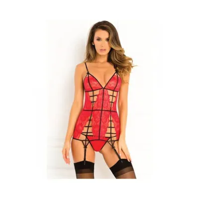 Two Piece Caged Lace Chemise And G Set Red M l
