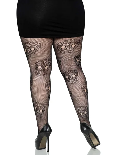 Lace Skulls Fishnet Tights - 1x-2x - Black