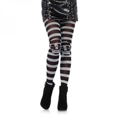Striped Skull Illusion Tights O s Blk white