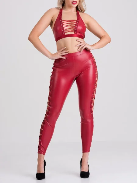 Lovehoney Fierce Leather Look Lace-Up Red Leggings