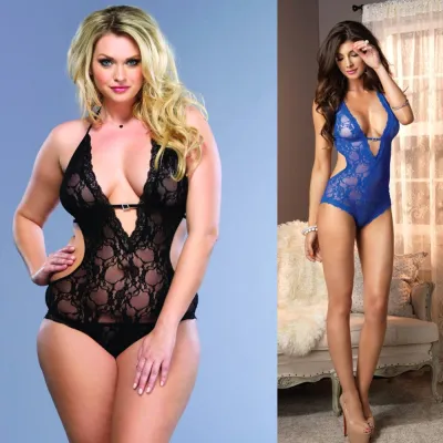 Stretch Lace Deep V Halter Teddy Plus Bl