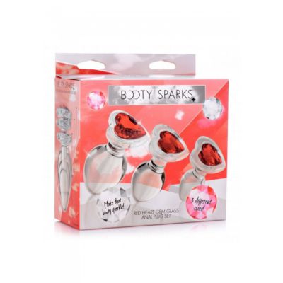 Booty Sparks Glass Butt Plug Set Red Heart Gem