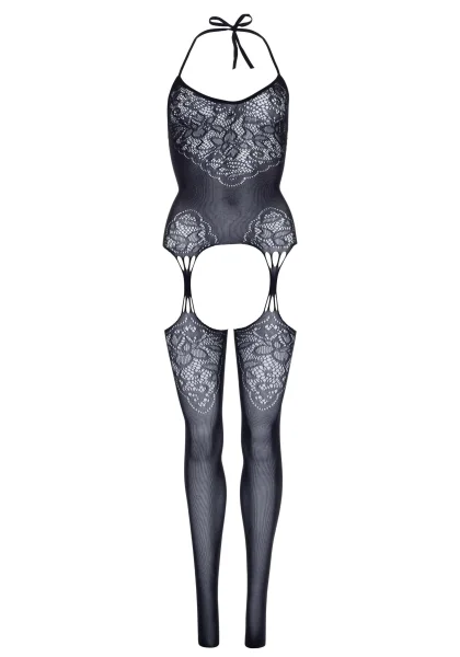 Seamless Lace Jacquard Net Suspender Bodystocking  - 1x-2x - Black