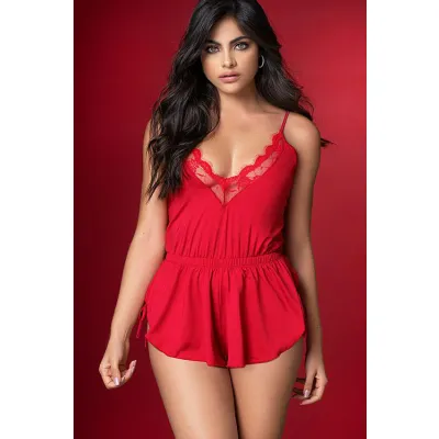 Mapale by Espiral Red Hot Sleep Romper with Lace Trim