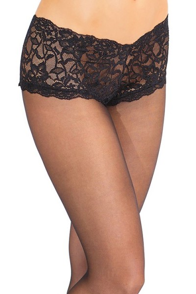 Coquette Top Drawer Black Pantyhose With Lace Boyshort