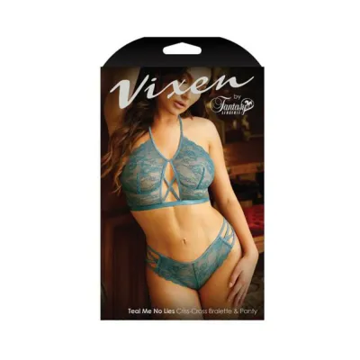 Vixen Teal Me No Lies Criss cross Lace Halter Bralette Matching Panty Teal L xl