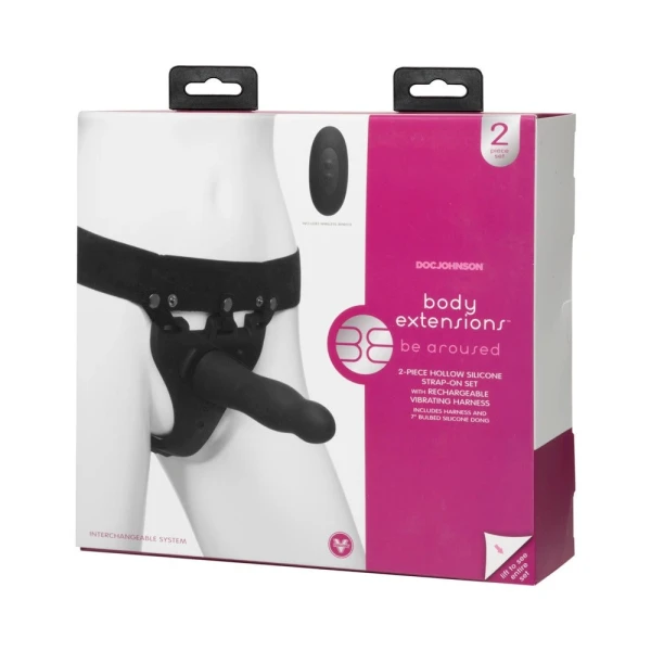 Body Extensions Hollow Slim Dong Strap-on 2-piece Set With Clitoral Vibrator Black