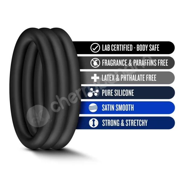 Performance VS1 Pure Premium Silicone Black Cock Rings Medium 3 Pack