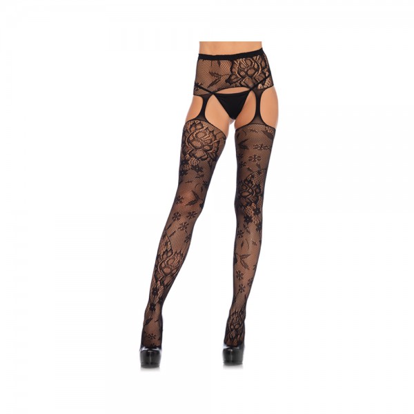 Floral Lace Stockings With Attached High Waist Garter Belt O/s Black