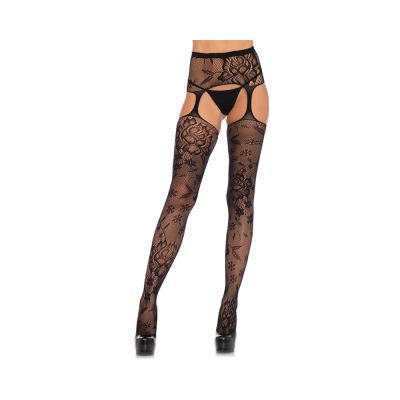 Floral Lace Stockings With Attached High Waist Garter Belt O s Black
