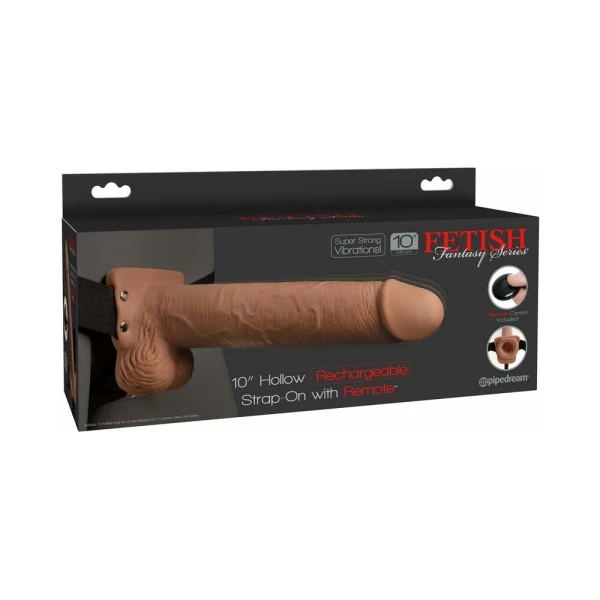Fetish Fantasy 10in Hollow Rechargeable Strap-on With Remote, Tan