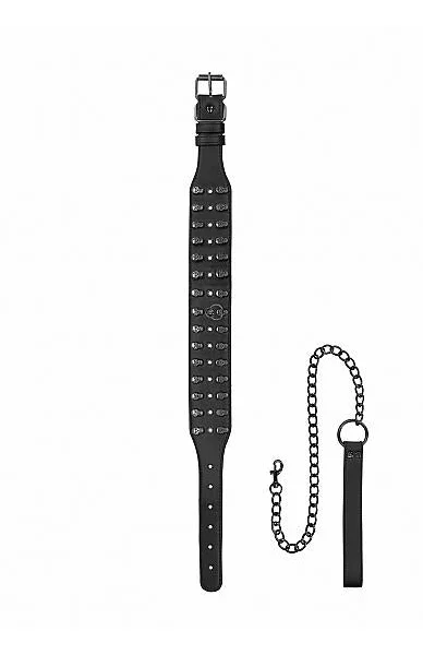 Ouch! Skulls And Bones Neck Chain With Skulls And Leash Black