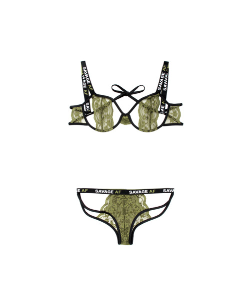 Bra Set With Open Cups - Black/Green - M/L