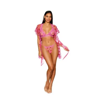 Women s Lingerie Dreamgirl Flocked Heart Mesh And Eyelash Lace Robe Bralette And G string Set Peony Xl
