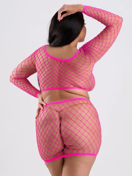 Lovehoney Plus Size Viva Neon Pink Fishnet Top and Skirt Set