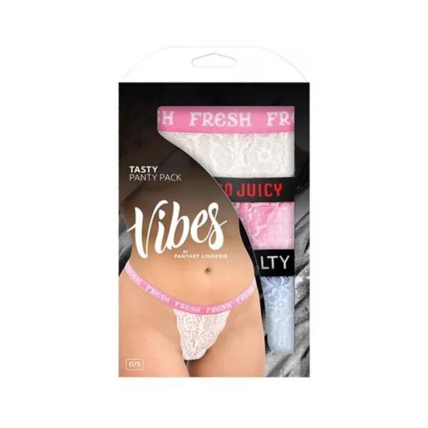 Women's Lingerie: Fantasy Lingerie Vibes Tasty Vibes Pack 3-piece Lace Thong Panty Set Blue/pink/white O/s