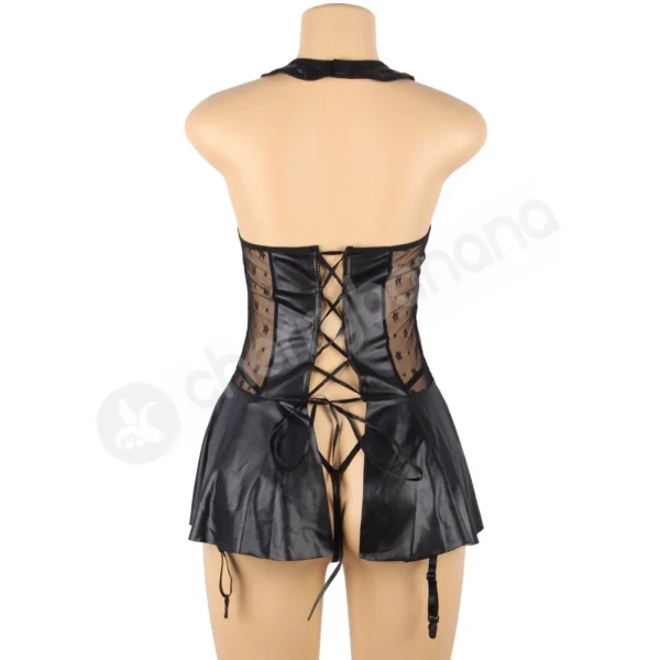 Cherry Banana Plus Size Black Faux Leather Dress With Zipper Front & Tie-up Back