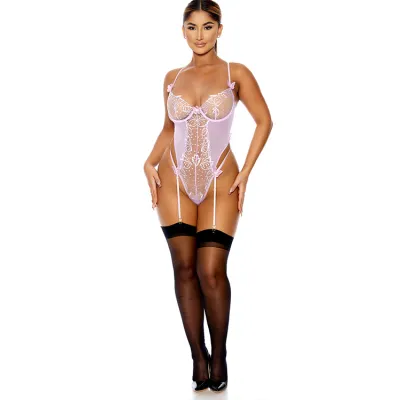 Forplay Flutter By Lilac Embroidered Teddy with Attached Garters