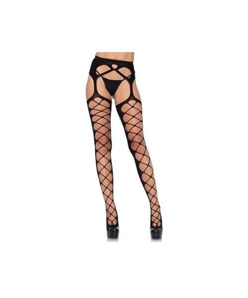 Diamond Net Opaque Stockings With Attached Garter - Black - One Size