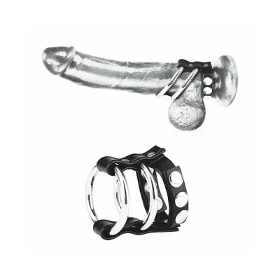 Double Metal Cock Ring With Adjustive Snap Ball Strap Black