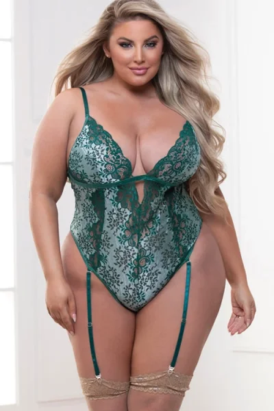 Seven Til Midnight Molten Lava Metallic Green Lace Teddy with Removable Garters