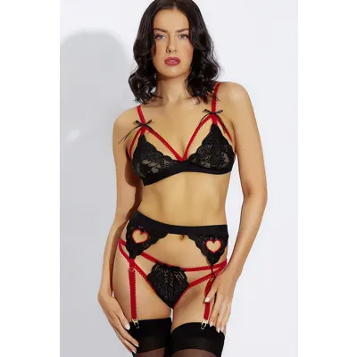 Wild Secrets Evie 3 Piece Lace Bra Set with Garter Belt Thong