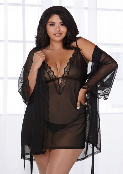 Stretch Mesh Chemise & Robe Set - Black - Sexy Lingerie