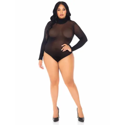 Opaque High Neck Long Sleeve Bodysuit With Snap Crotch 1x 2x Black
