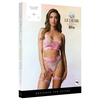 Le Desir 2 Piece Tie Dye Bra Set with Garters and Dazzling Eye Contact Stickers