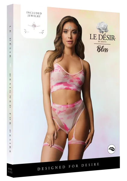 Le Desir 2-Piece Tie Dye Bra Set with Garters and Dazzling Eye Contact Stickers