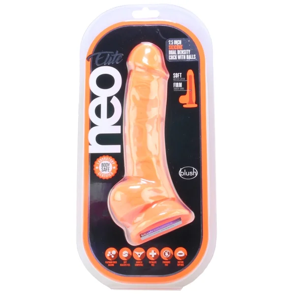 Neo Elite - 7.5 Inch Silicone Dual Density Cock  With Balls - Neon Orange