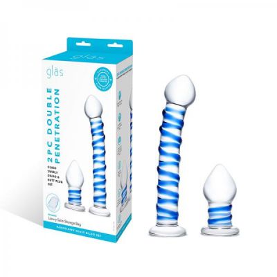 Glas 2 piece Double Penetration Glass Swirly Dildo Butt Plug Set