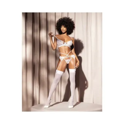 Women s Lingerie Floral Lace Bra Garter Belt Open Back Panty White L xl