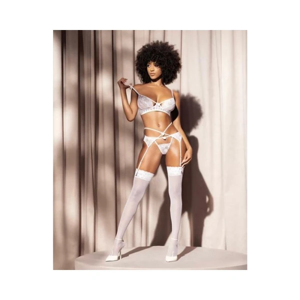 Women's Lingerie: Floral Lace Bra, Garter Belt & Open Back Panty White L/xl