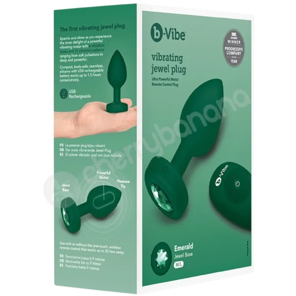 B-Vibe Vibrating Jewel M/L Emerald Butt Plug With Remote Control