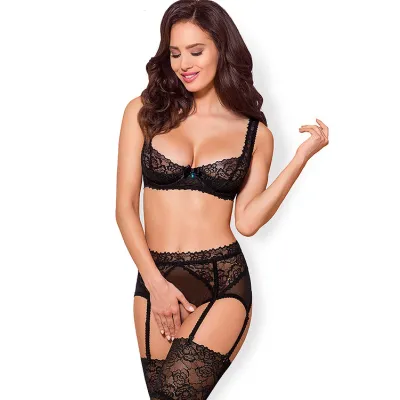 Rosemary Lace Mesh Bra with Crotchless Gartered Panty By Obsessive