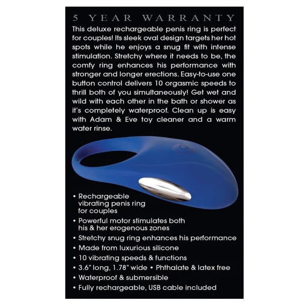 Adam & Eve Rechargeable Couples Penis Ring - Blue