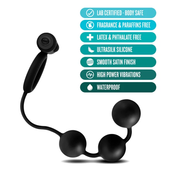 Anal Adventures Platinum Anal Beads & Vibrating C-Ring Black Vibrating Cock Ring with Anal Beads