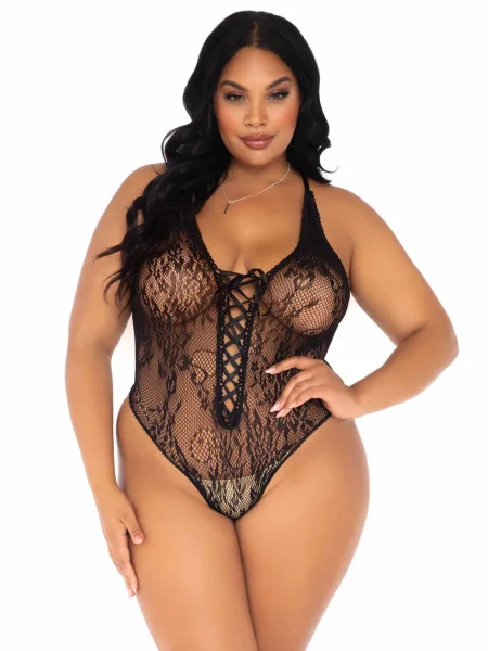 Floral Lace Thong Teddy - 1x-2x - Black