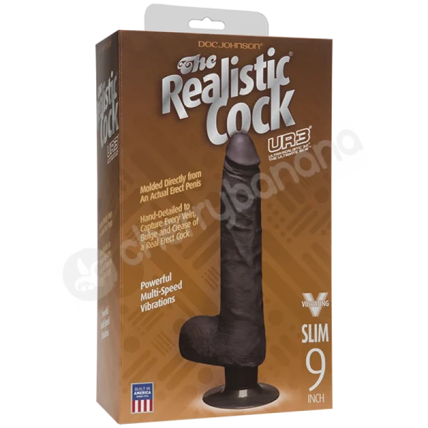 The Realistic Cock Vibrating Slim Black  9" Dildo With Balls