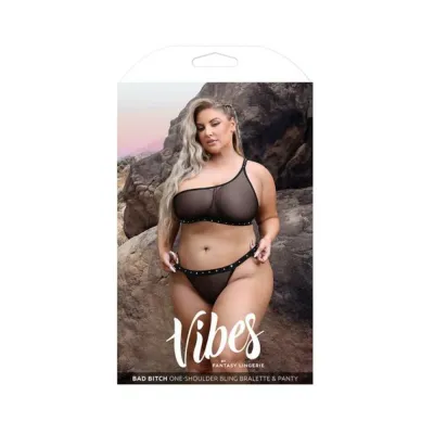 Women s Lingerie Fantasy Lingerie Vibes Bad Bitch One shoulder Bling Bralette Bikini Panty With Rhinestone Letterin
