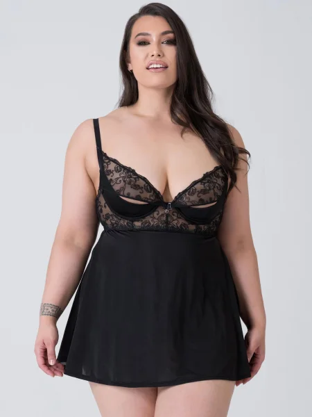 Lovehoney Plus Size Lotus Black Sheer Embroidered Chemise Set